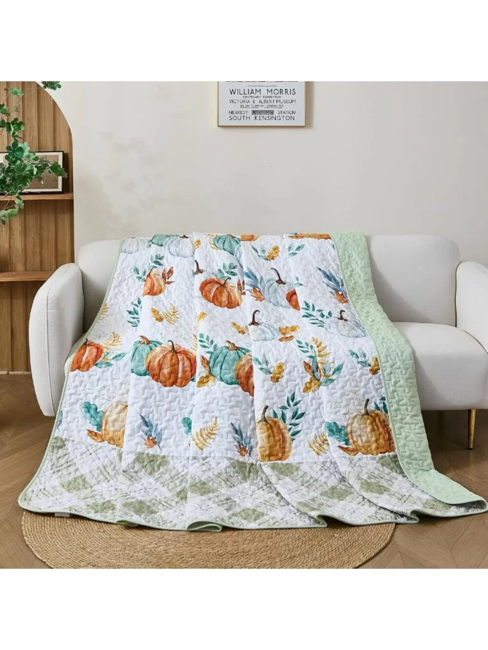 Cozy Fall Quilt Set Queen, Pumpkin Patchwork Bedspread, Sage Green Home Decor